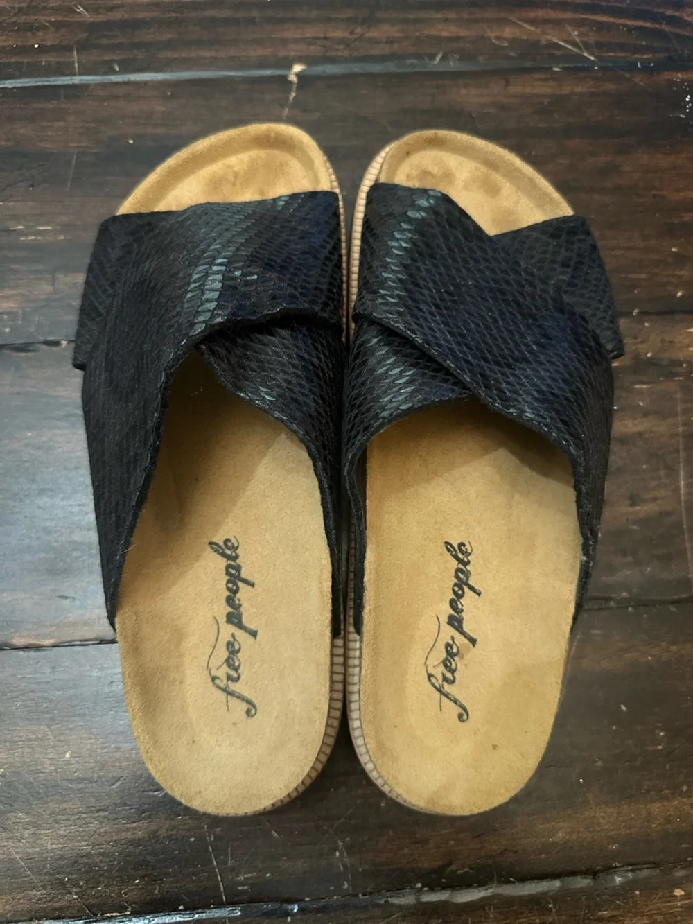 Free People Black Snakeskin Embossed Criss Cross Slide Sandals EU 37